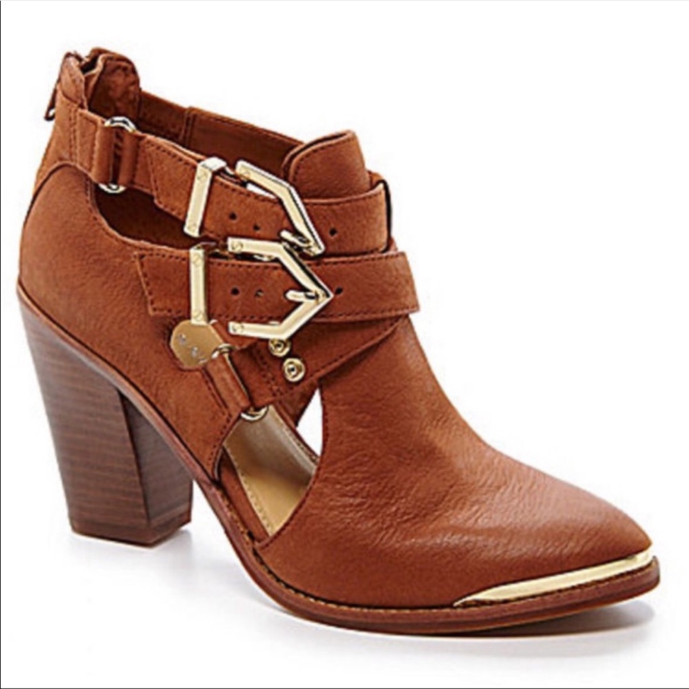 Gianni Bini Brown Leather & Gold Buckled Booties